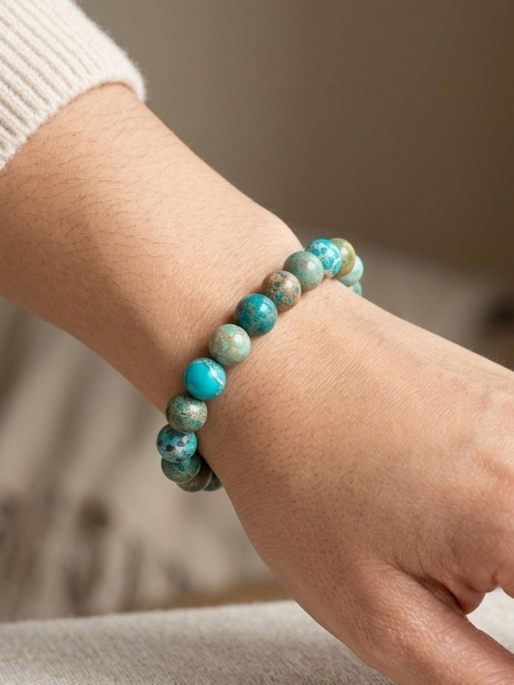 Blue Imperial Jasper and Mother of Pearl Beaded Stretch Bracelet size 6